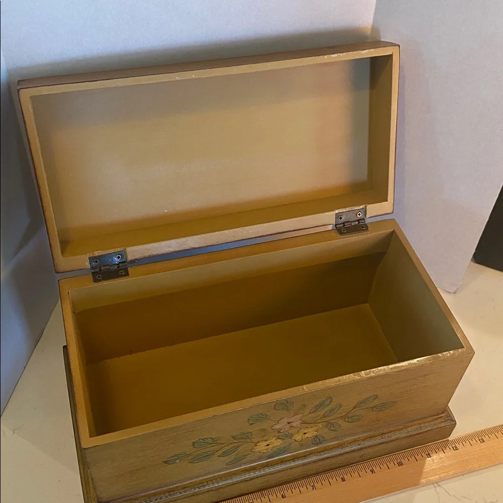 Gold Vintage Large Wood Hand Painted Floral Art Jewelry Stationary Trinket Box